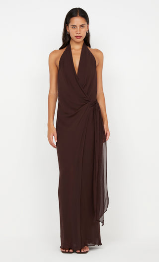 sonveva wrap dress, bec and bridge, bec & bridge australia, maxi dress, wedding guest dress, halter neck dress, backless maxi dress, flowy maxi dress, chocolate maxi dress