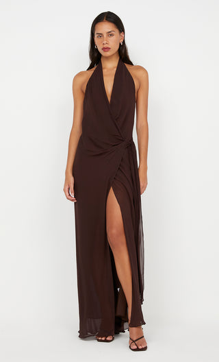 sonveva wrap dress, bec and bridge, bec & bridge australia, maxi dress, wedding guest dress, halter neck dress, backless maxi dress, flowy maxi dress, chocolate maxi dress