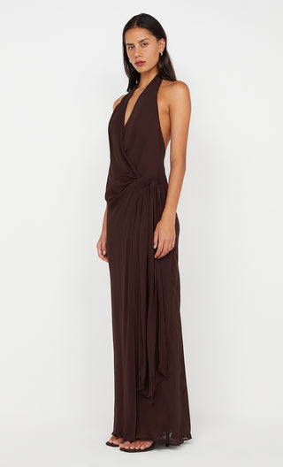 sonveva wrap dress, bec and bridge, bec & bridge australia, maxi dress, wedding guest dress, halter neck dress, backless maxi dress, flowy maxi dress, chocolate maxi dress