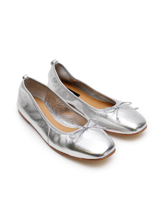 ballet flat, la tribe, chrome ballet flats, silver ballet flats, ballet flats with brow, silver ballet flats with bow