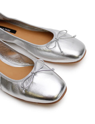 ballet flat, la tribe, chrome ballet flats, silver ballet flats, ballet flats with brow, silver ballet flats with bow