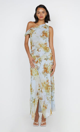 rahni asym dress, bec and bridge, bec and bridge australia, off the shoulder maxi dress, flowy maxi dress, floral print maxi dress, wedding guest dress, high neck dress