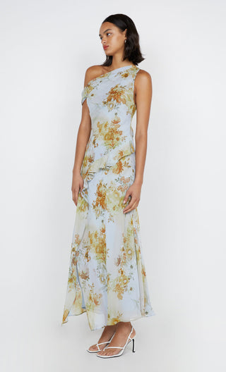 rahni asym dress, bec and bridge, bec and bridge australia, off the shoulder maxi dress, flowy maxi dress, floral print maxi dress, wedding guest dress, high neck dress