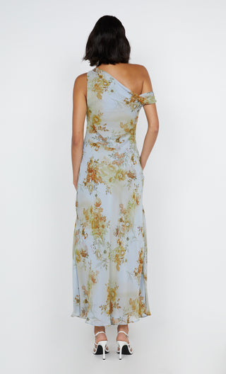 rahni asym dress, bec and bridge, bec and bridge australia, off the shoulder maxi dress, flowy maxi dress, floral print maxi dress, wedding guest dress, high neck dress