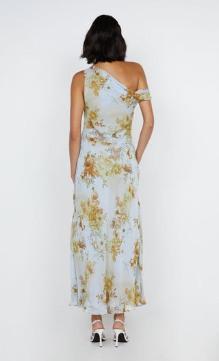 rahni asym dress, bec and bridge, bec and bridge australia, off the shoulder maxi dress, flowy maxi dress, floral print maxi dress, wedding guest dress, high neck dress