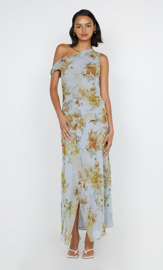 rahni asym dress, bec and bridge, bec and bridge australia, off the shoulder maxi dress, flowy maxi dress, floral print maxi dress, wedding guest dress, high neck dress