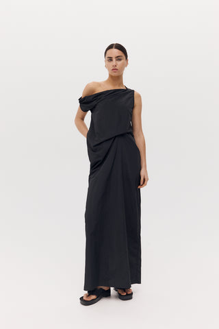 amory dress, harris tapper, black maxi dress, nylon dress in black, black nylon maxi dress, off the shoulder black dress