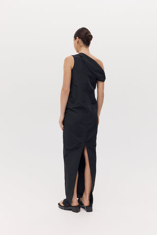 amory dress, harris tapper, black maxi dress, nylon dress in black, black nylon maxi dress, off the shoulder black dress