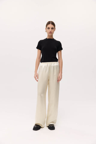 irving trouser, harris tapper, satin pants, satin ivory pants, relaxed fit pants, elastic band silk pants, champagne silk pants, event pants