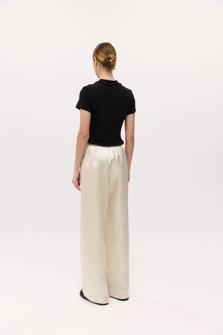 irving trouser, harris tapper, satin pants, satin ivory pants, relaxed fit pants, elastic band silk pants, champagne silk pants, event pants