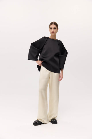 irving trouser, harris tapper, satin pants, satin ivory pants, relaxed fit pants, elastic band silk pants, champagne silk pants, event pants