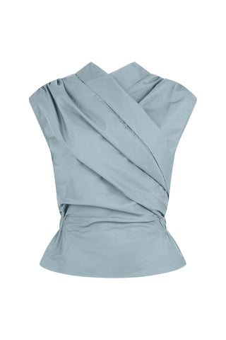 chaimberlain top, harris tapper, top, high neck top, nylon top, light grey top, light blue top, short sleeve top