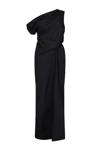 amory dress, harris tapper, black maxi dress, nylon dress in black, black nylon maxi dress, off the shoulder black dress