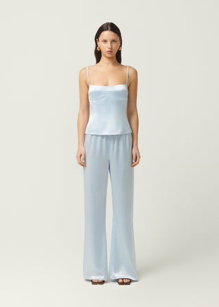 tailored cami, maison essentiele, silk top, light blue silk top, light blue cami, light blue silk set