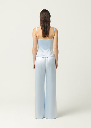 straight leg pant, maison essentiele, light blue silk pant, matching light blue silk set, mid rise silk pant, baggy silk pant