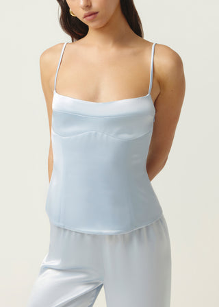 tailored cami, maison essentiele, silk top, light blue silk top, light blue cami, light blue silk set