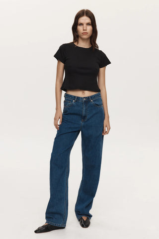 relaxed jean, marle, dark blue denim jean, straight leg denim jean, baggy jean, high waisted denim jeans