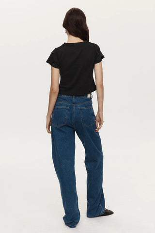 relaxed jean, marle, dark blue denim jean, straight leg denim jean, baggy jean, high waisted denim jeans