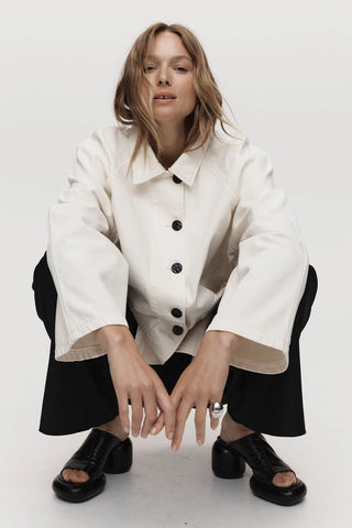 alaska jacket, marle, denim jacket, white denim jacket, white denim jacket with black buttons, oversized jacket, oversized denim jacket, oversized organic cotton jacket