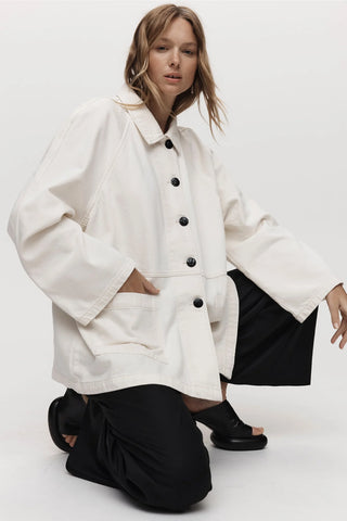 alaska jacket, marle, denim jacket, white denim jacket, white denim jacket with black buttons, oversized jacket, oversized denim jacket, oversized organic cotton jacket