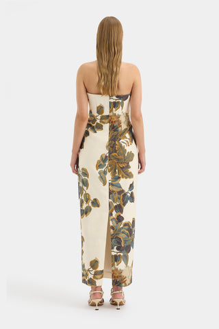 evalita column dress, sir, sir the label, sir the label australia, strapless midi dress, floral print midi dress, event dress, event midi dresses, tight fitting midi dress, wedding guest dress
