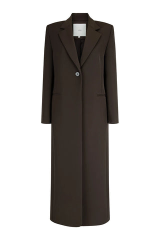 tuxedo coat, harris tapper, brown long coat, structured brown long coat, suited material coat