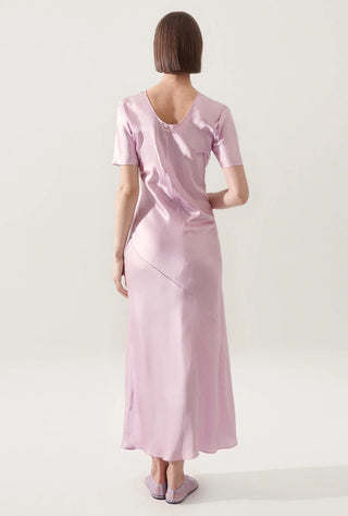 short sleeve bias dress, silk laundry, silk laundry australia, silk dress, silk dresses, lilac silk dress, lilac midi dress, short sleeve dress, high neck dress